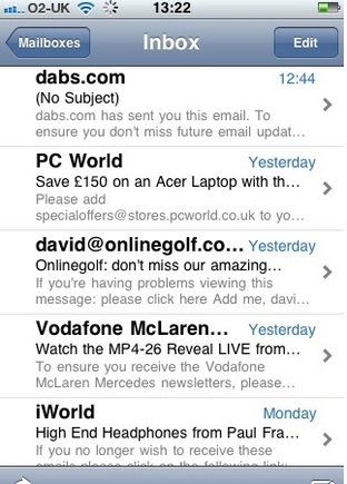 This iPhone email screenshot shows five separate messages. The top, bold text is the 